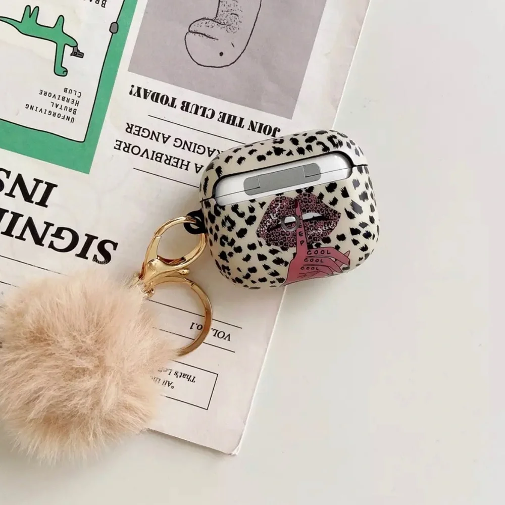 Cute Leopard Lip Fur Ball Keychain Earphone Case for‎ Apple Airpods